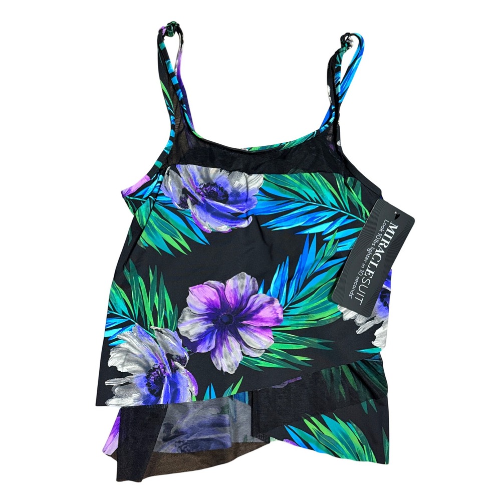 Miraclesuit Womens Floral Tankini Top Black Purple Tropical Underwire Sz 10 NEW